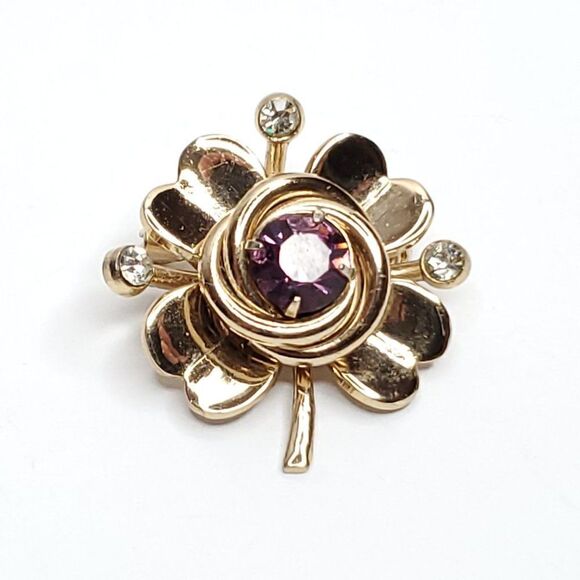 Coro Four Leaf Clover Love Knot Brooch Goldtone Purple Clear Crystals - Picture 1 of 3